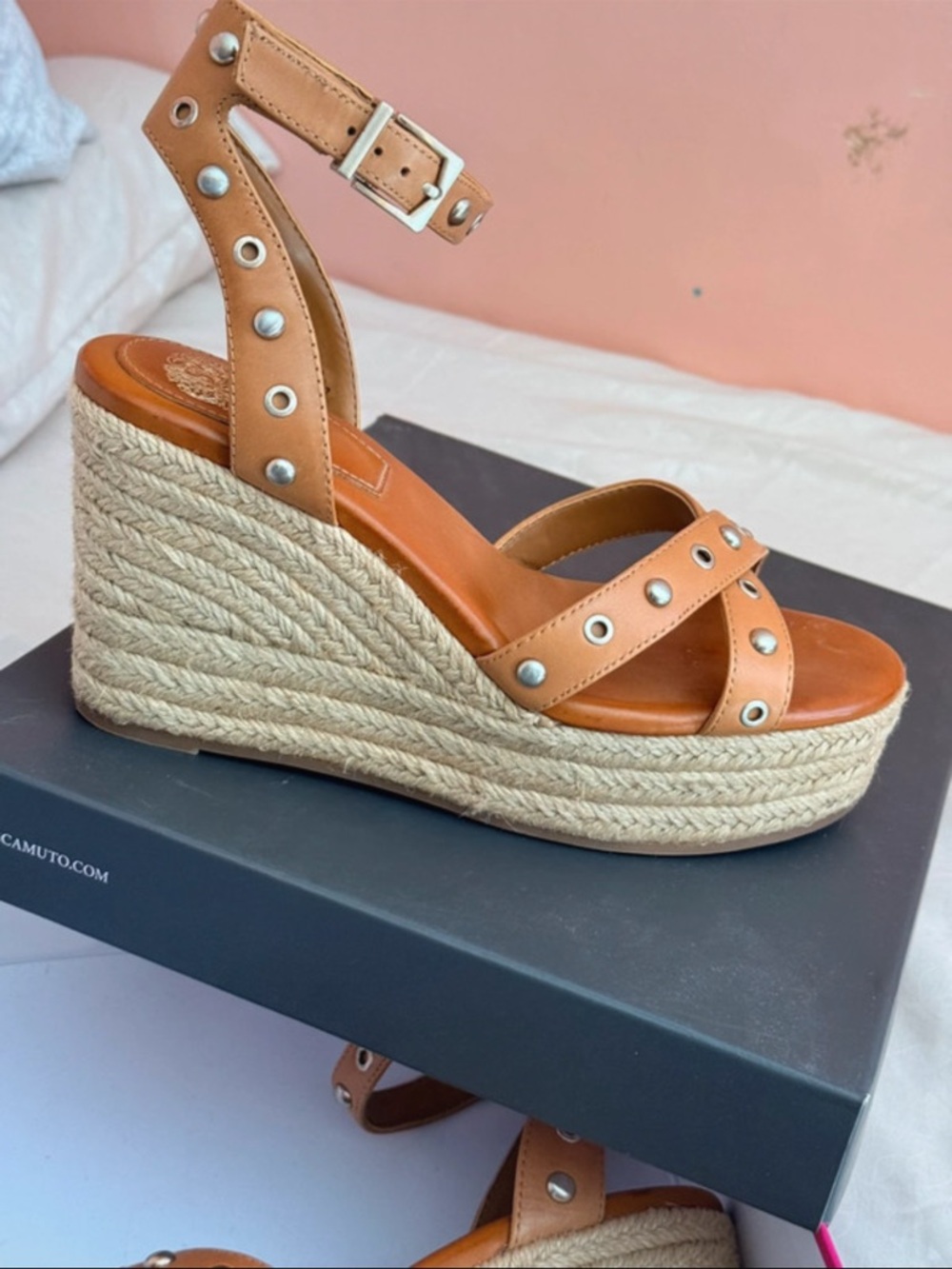 Vince Camuto Tan Studded Espadrille Wedge Sandals